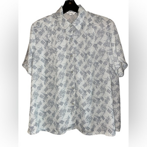 Loon Feng Vtg Womens Floral Blouse Pleats Shoulder Pads XXL Whimsical Blue White